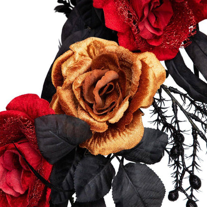 22- Inch Red and Gold Roses with Black Foliage Unlit Halloween Wreath