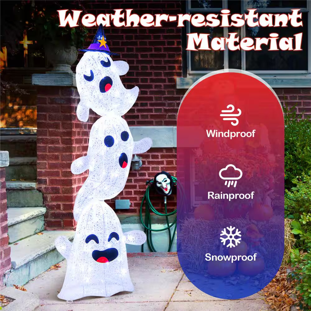 48 In. Lighted Plug in Stacked Ghosts Standing Halloween Decoration with 120 LED Lights and 4 Metal Ground Stakes