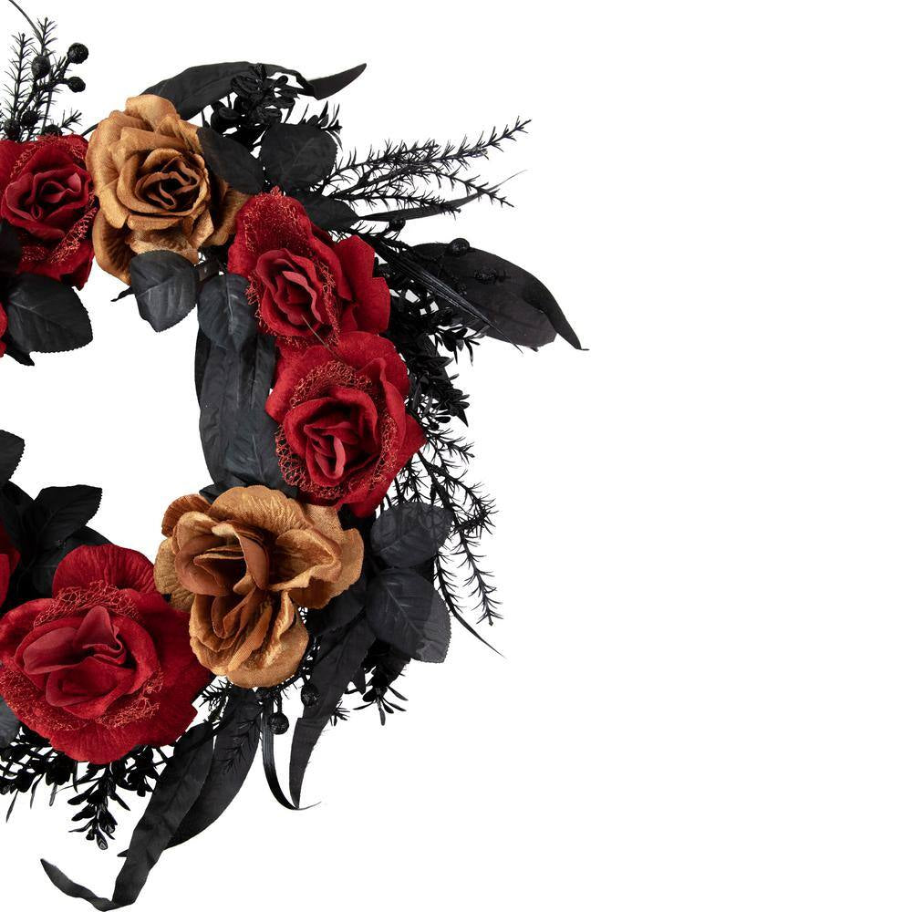 22- Inch Red and Gold Roses with Black Foliage Unlit Halloween Wreath