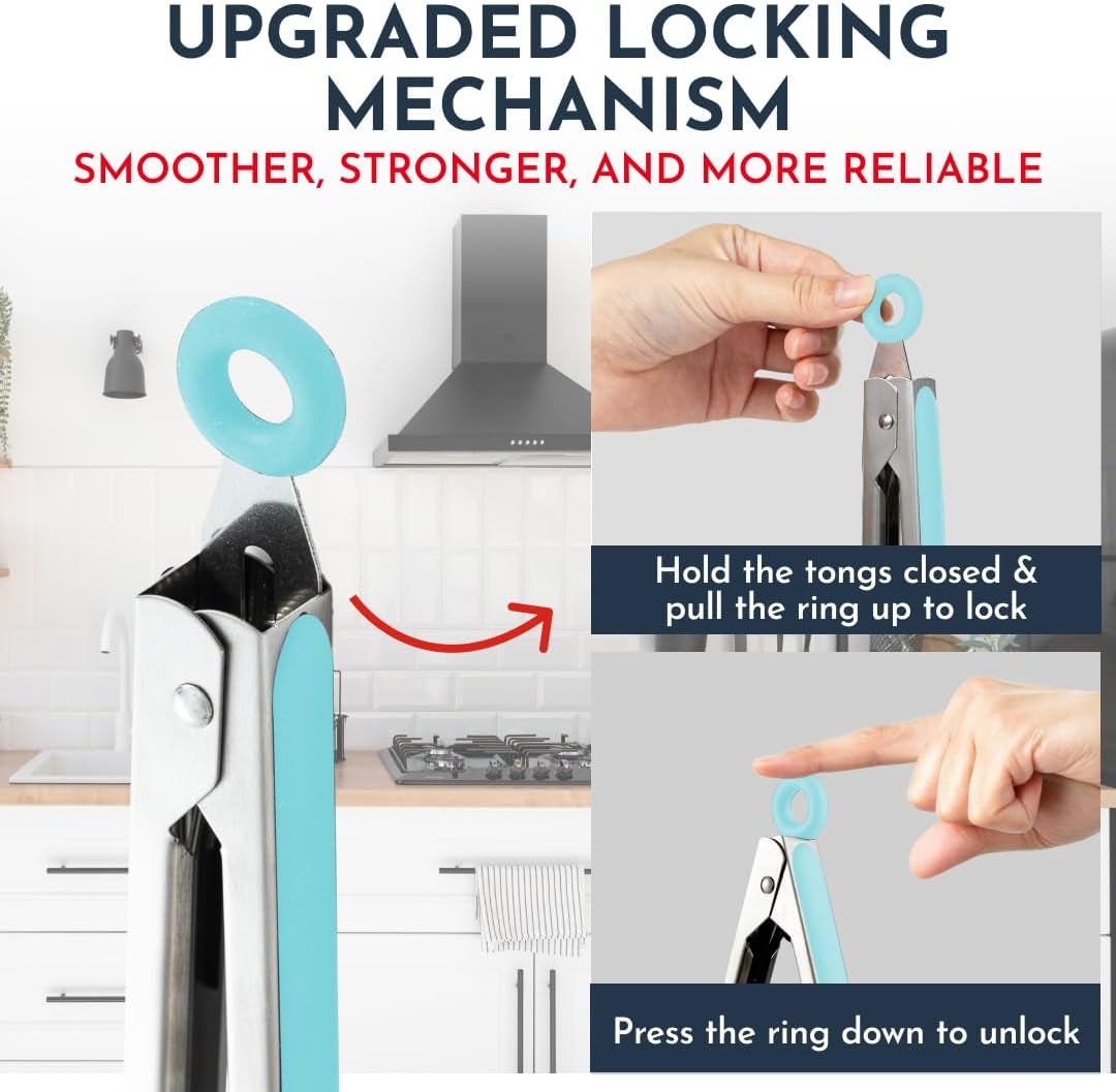 Kitchen Tongs for Cooking with Silicone Tips, Heat Resistant Tongs for Serving Food, 7-Inch, 9-Inch, 12-Inch Locking Silicone Tong, Set of 3 Salad Tong, Aqua Kitchen Utensils