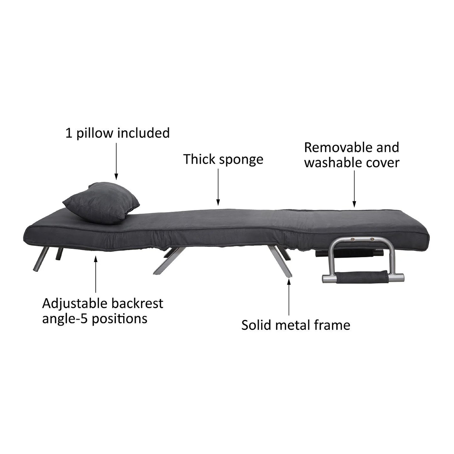 Folding Convertible Sleeper Bed Chair, Living Room, Den, or Dorm Room, Gray