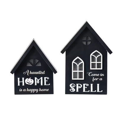 8 In. H Lighted Halloween Wooden Hauted House Table Decor (Set of 2)