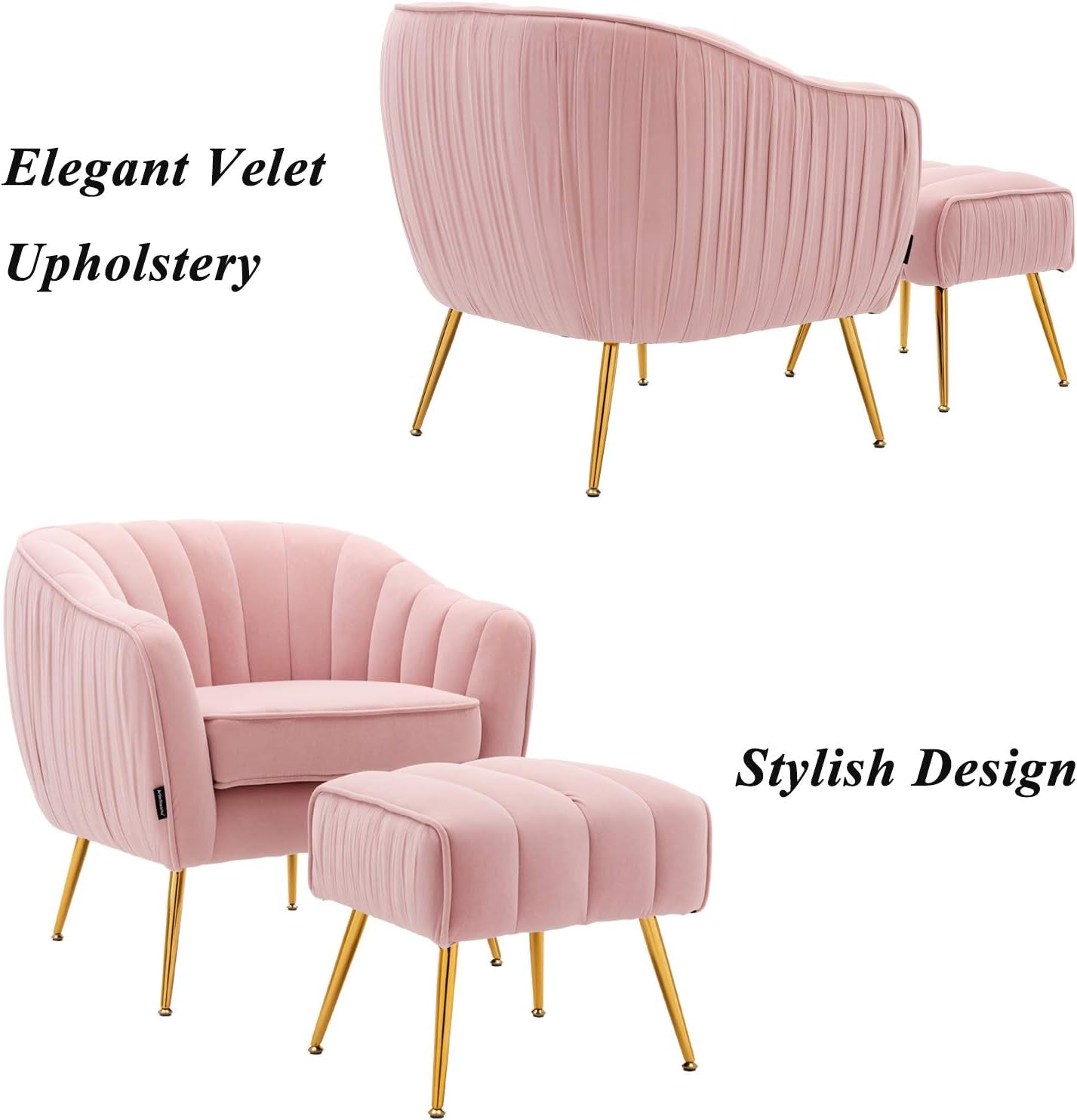 Velvet Modern Tub Barrel Arm Chair Upholstered Tufted with Gold Metal Legs Accent Club Chair with Ottoman Footrest for Living Reading Room Bedroom, Pink